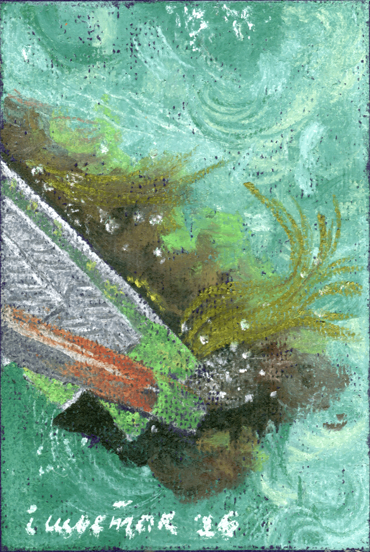 a pastels drawing of a metal ladder descending into water