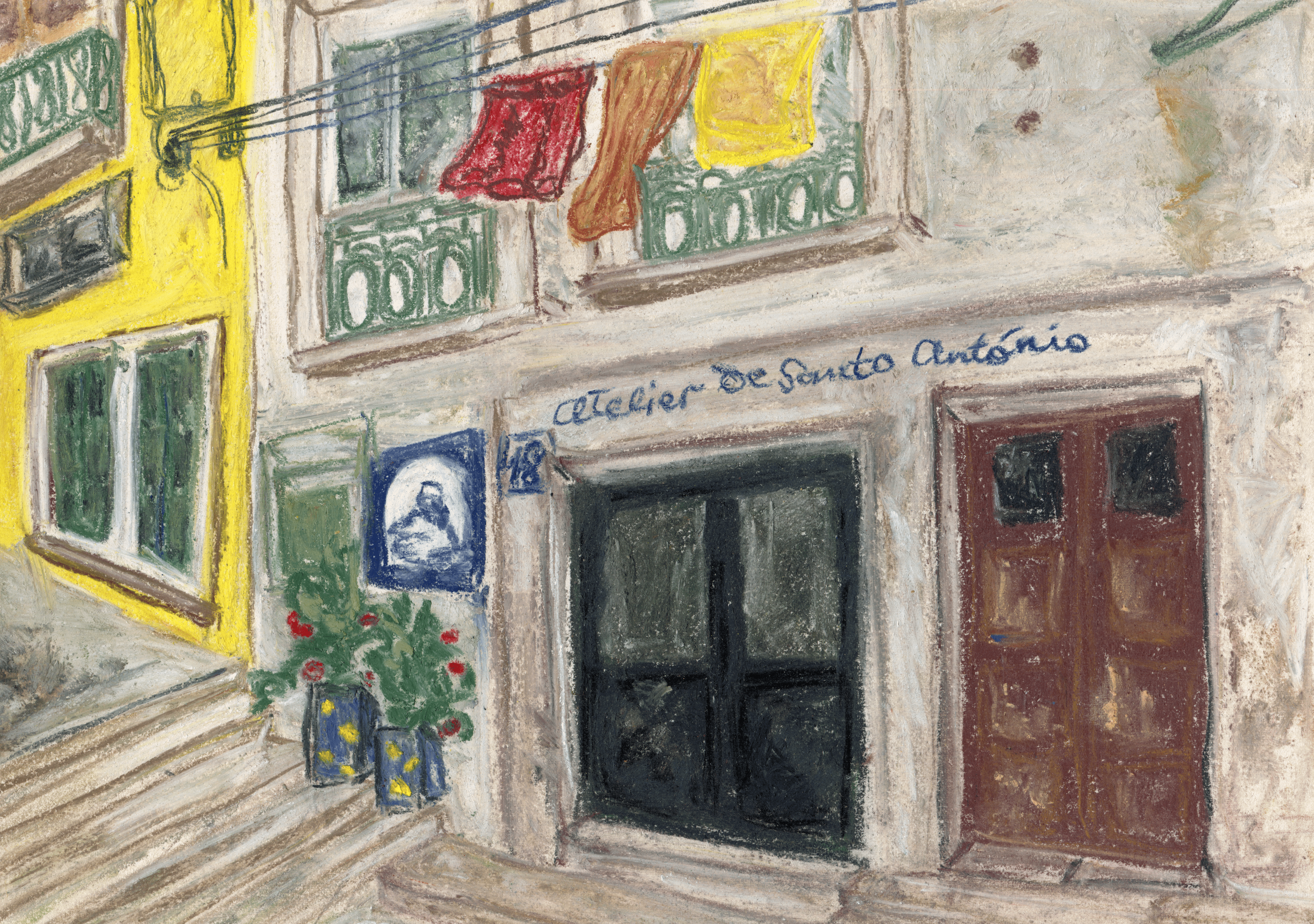 a pastels drawing of a metal ladder descending into water