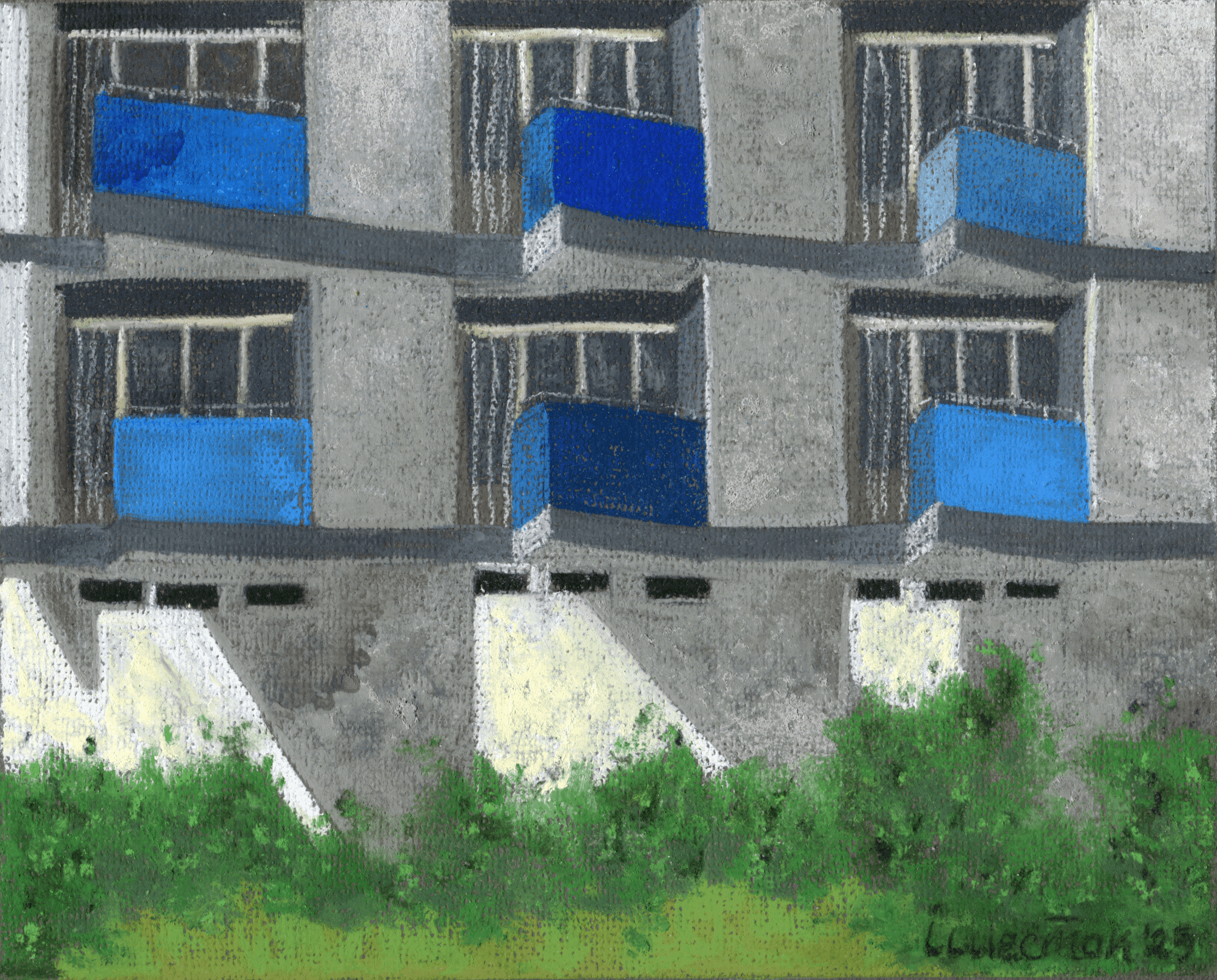 a pastels drawing of a metal ladder descending into water