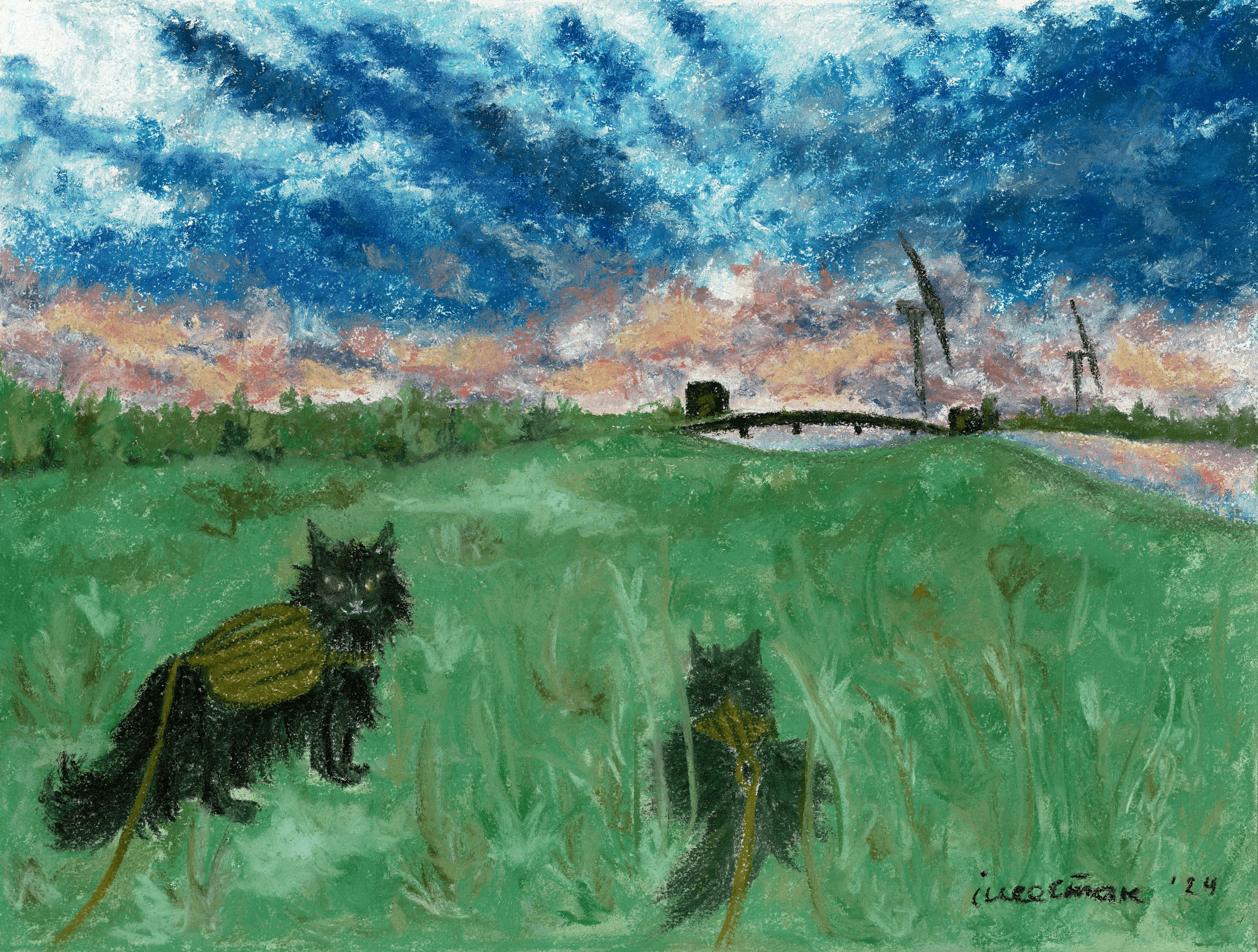 a pastels drawing of a metal ladder descending into water