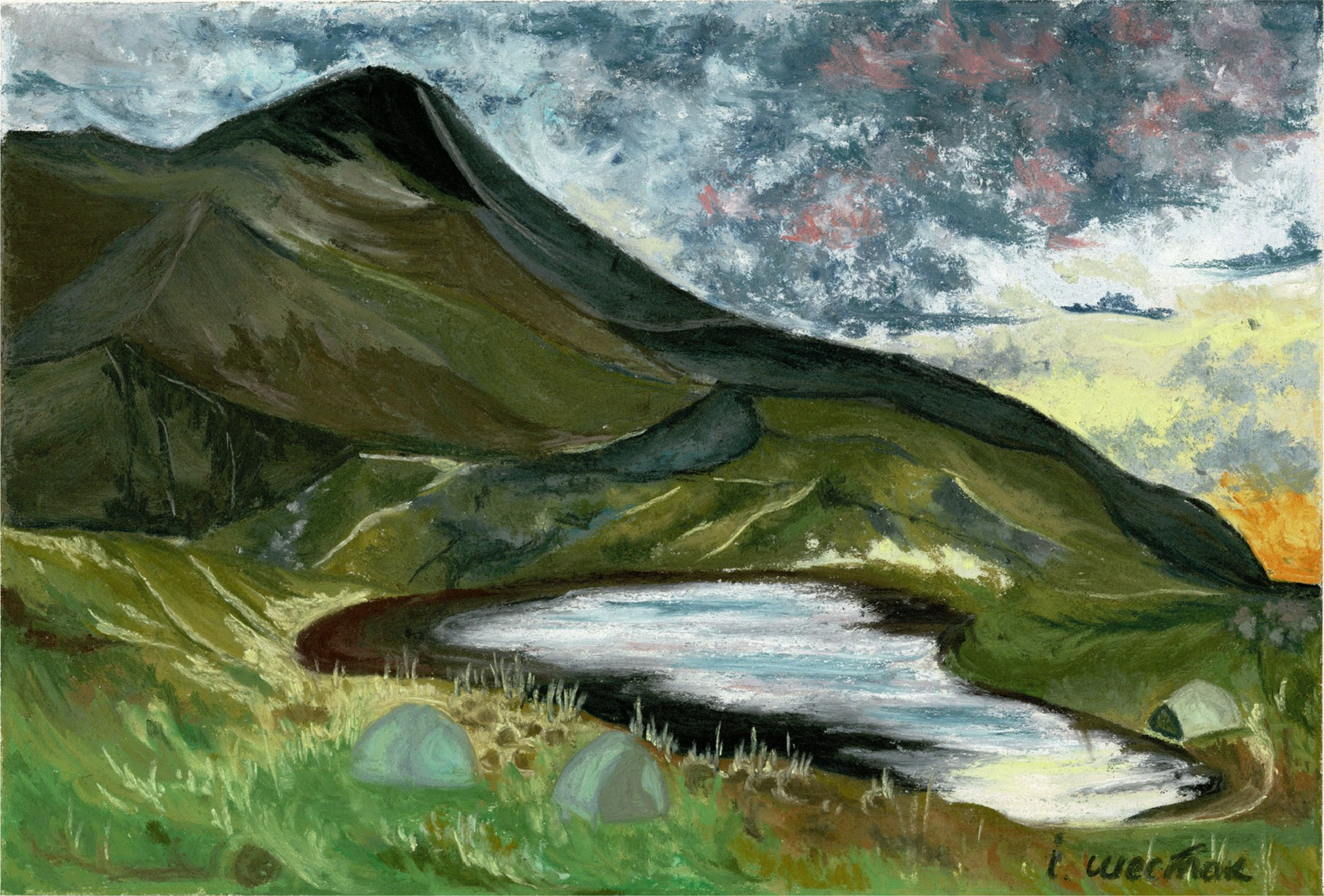 a pastels drawing of a metal ladder descending into water