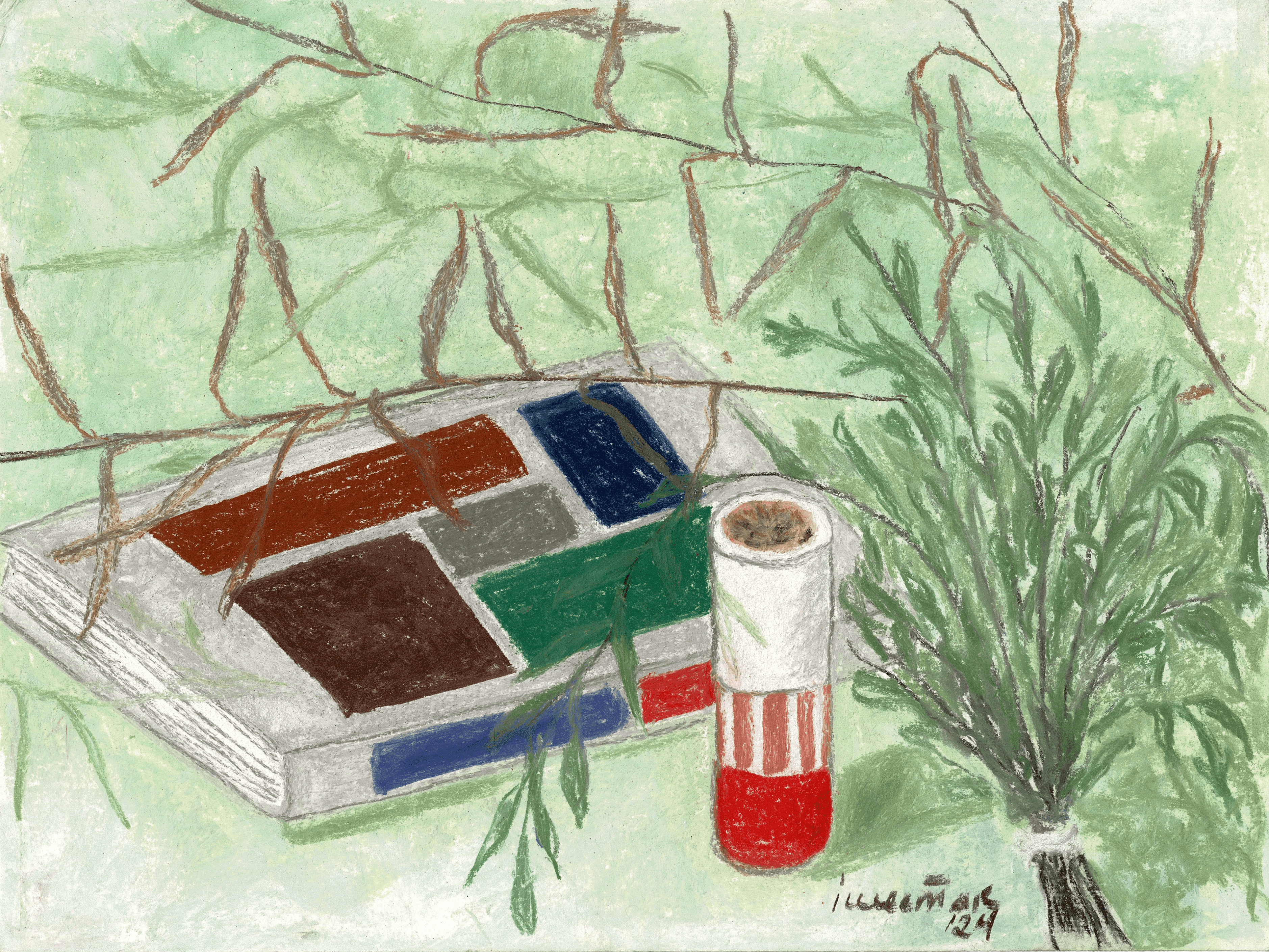 a pastels drawing of a metal ladder descending into water