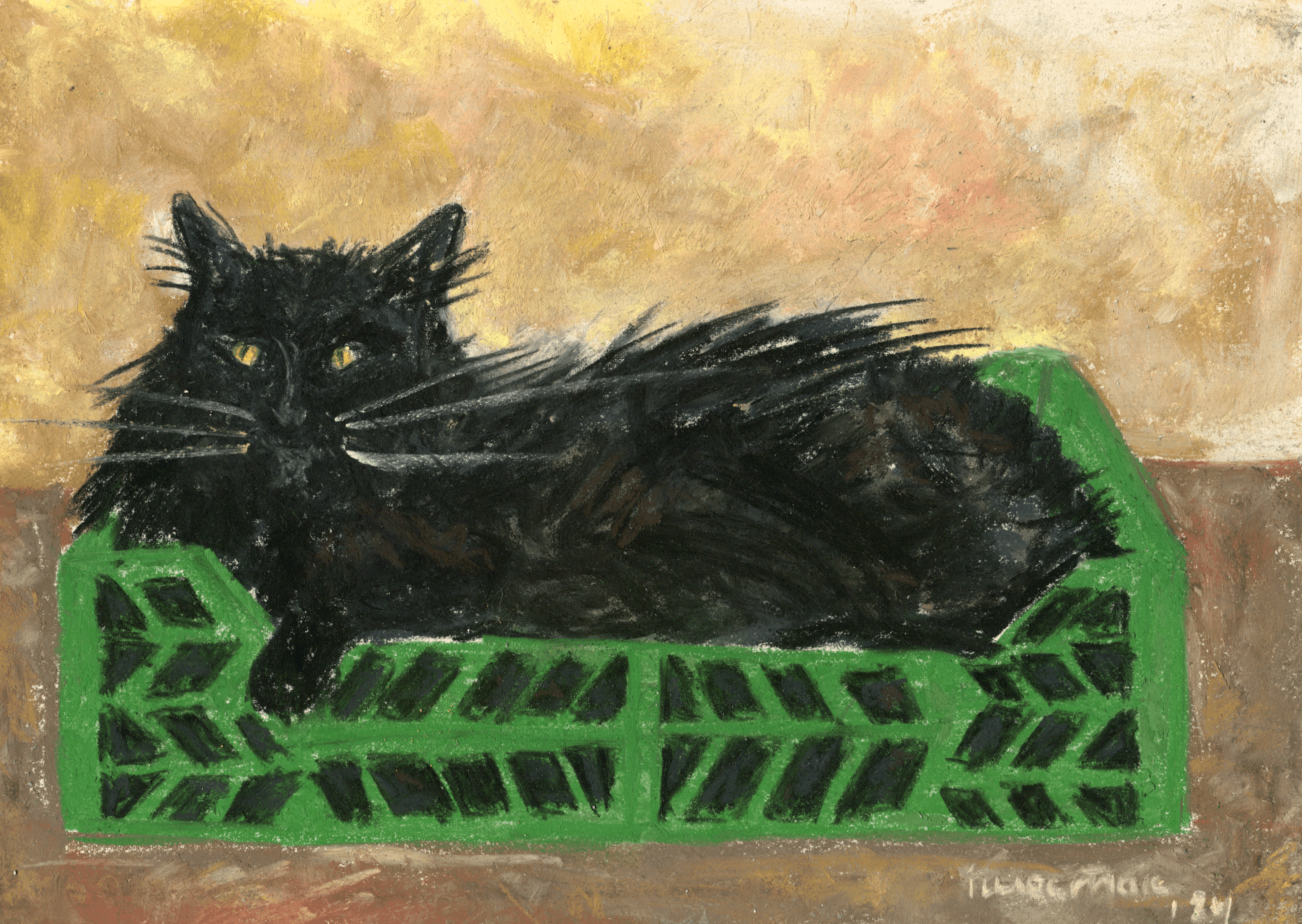 a pastels drawing of a metal ladder descending into water