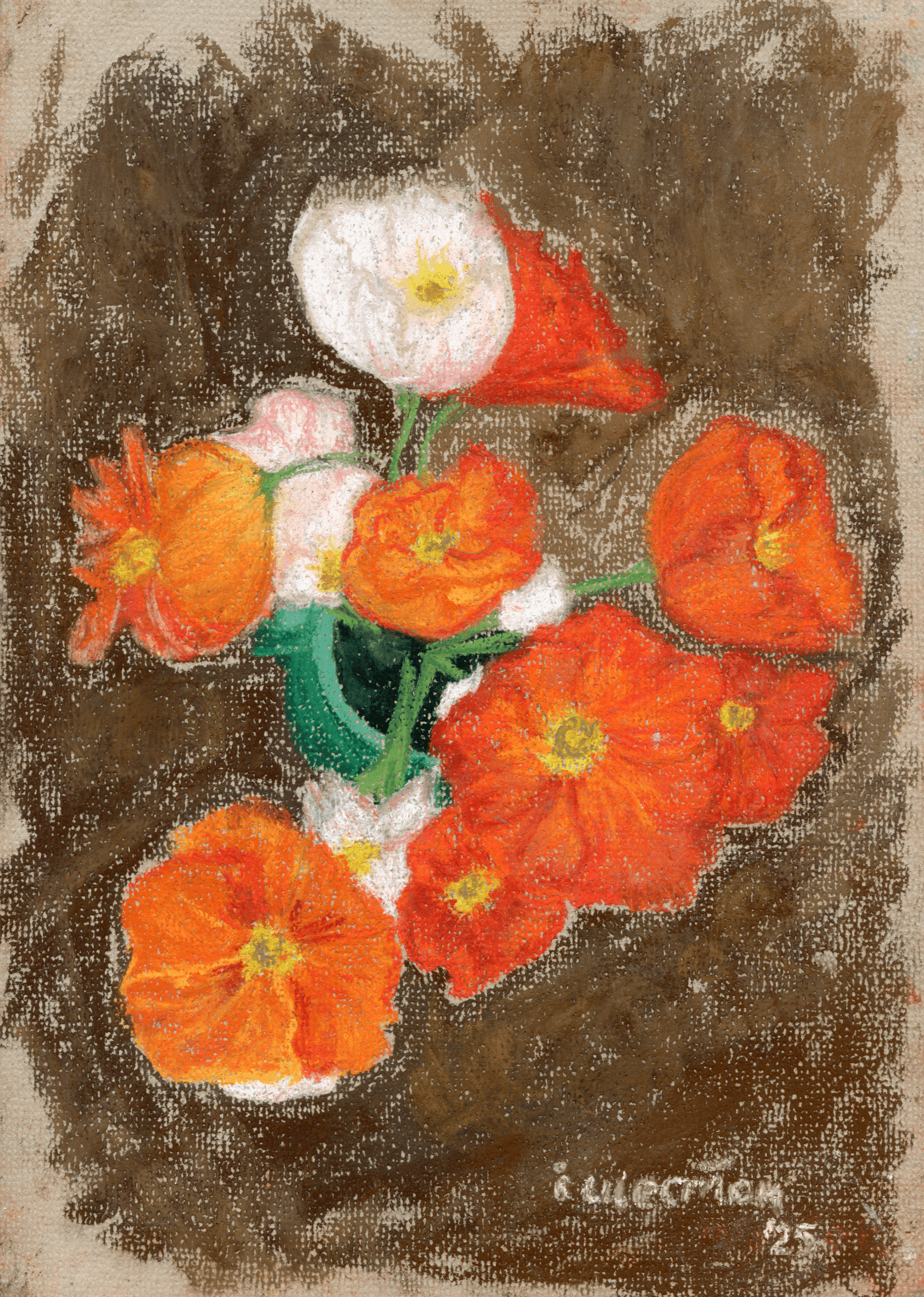 a pastels drawing of a metal ladder descending into water