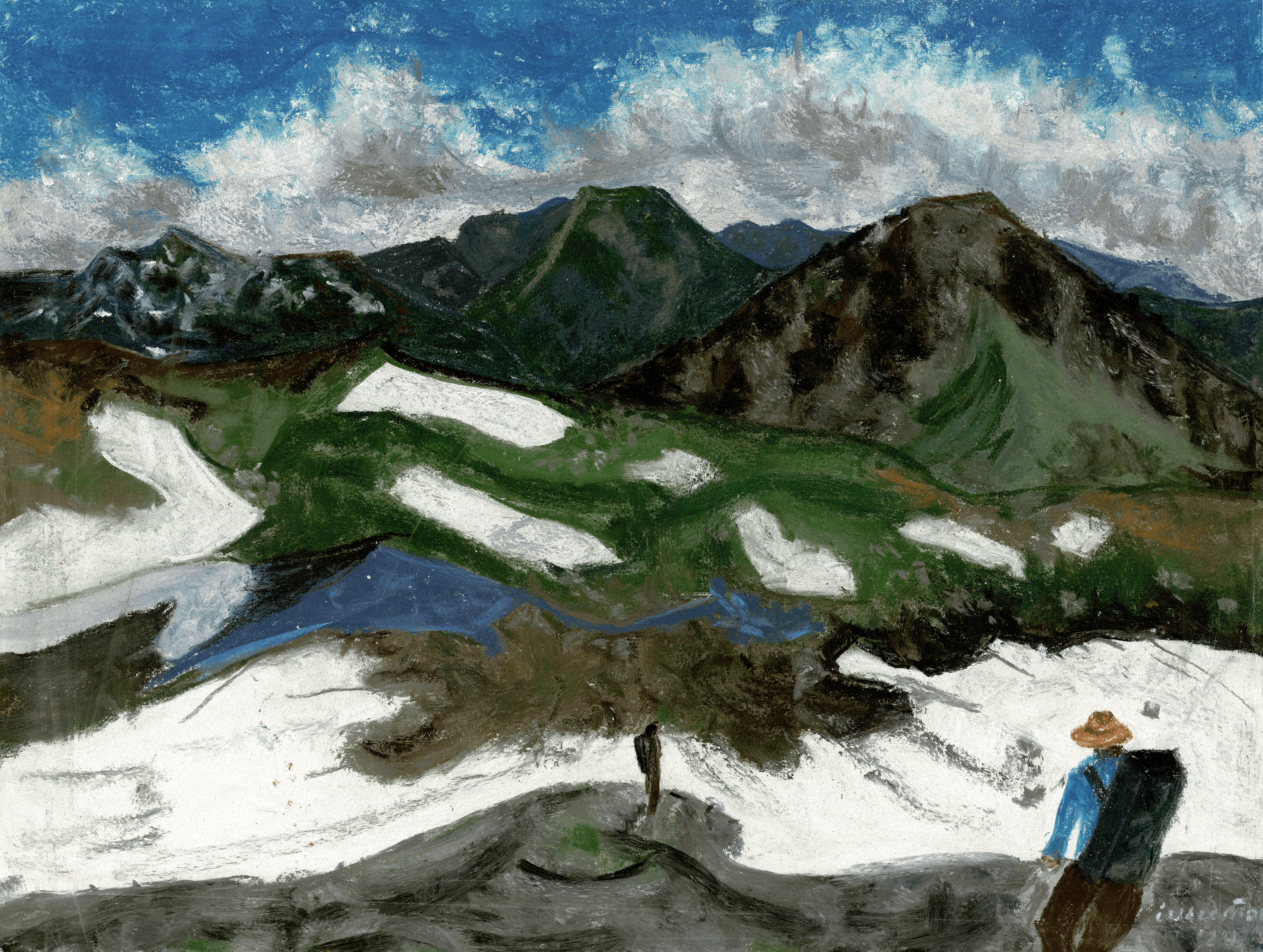 a pastels drawing of a metal ladder descending into water