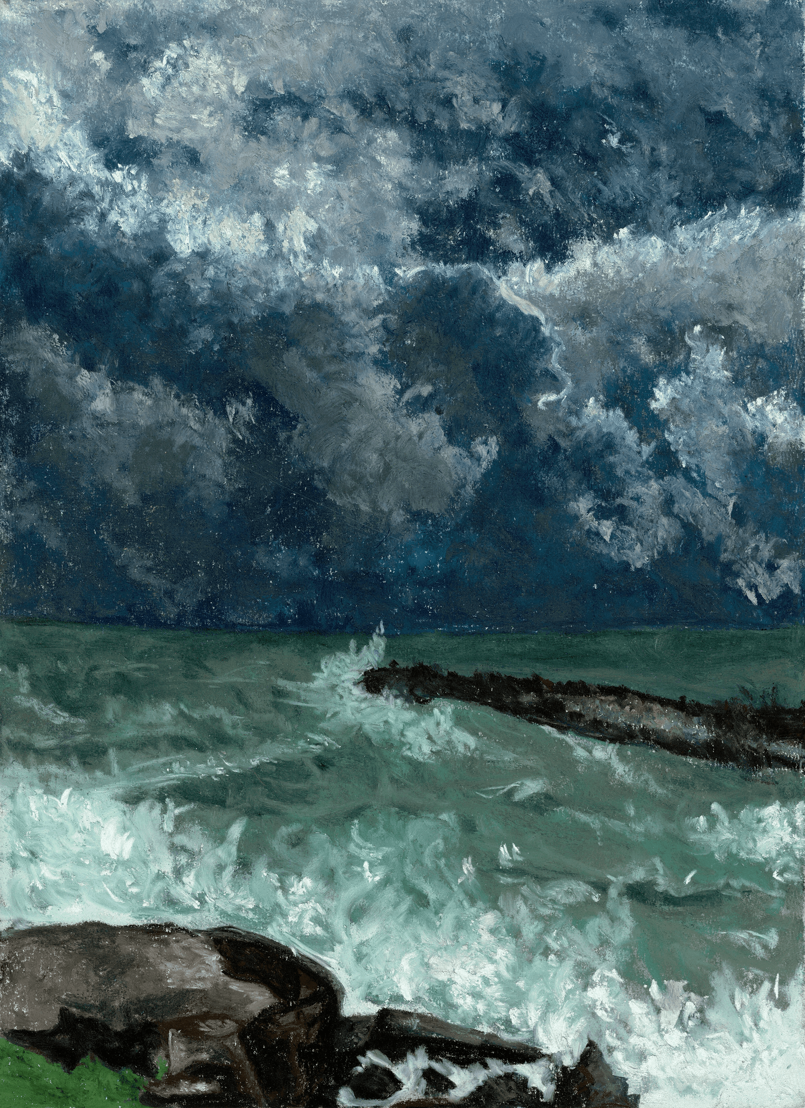 a pastels drawing of a metal ladder descending into water