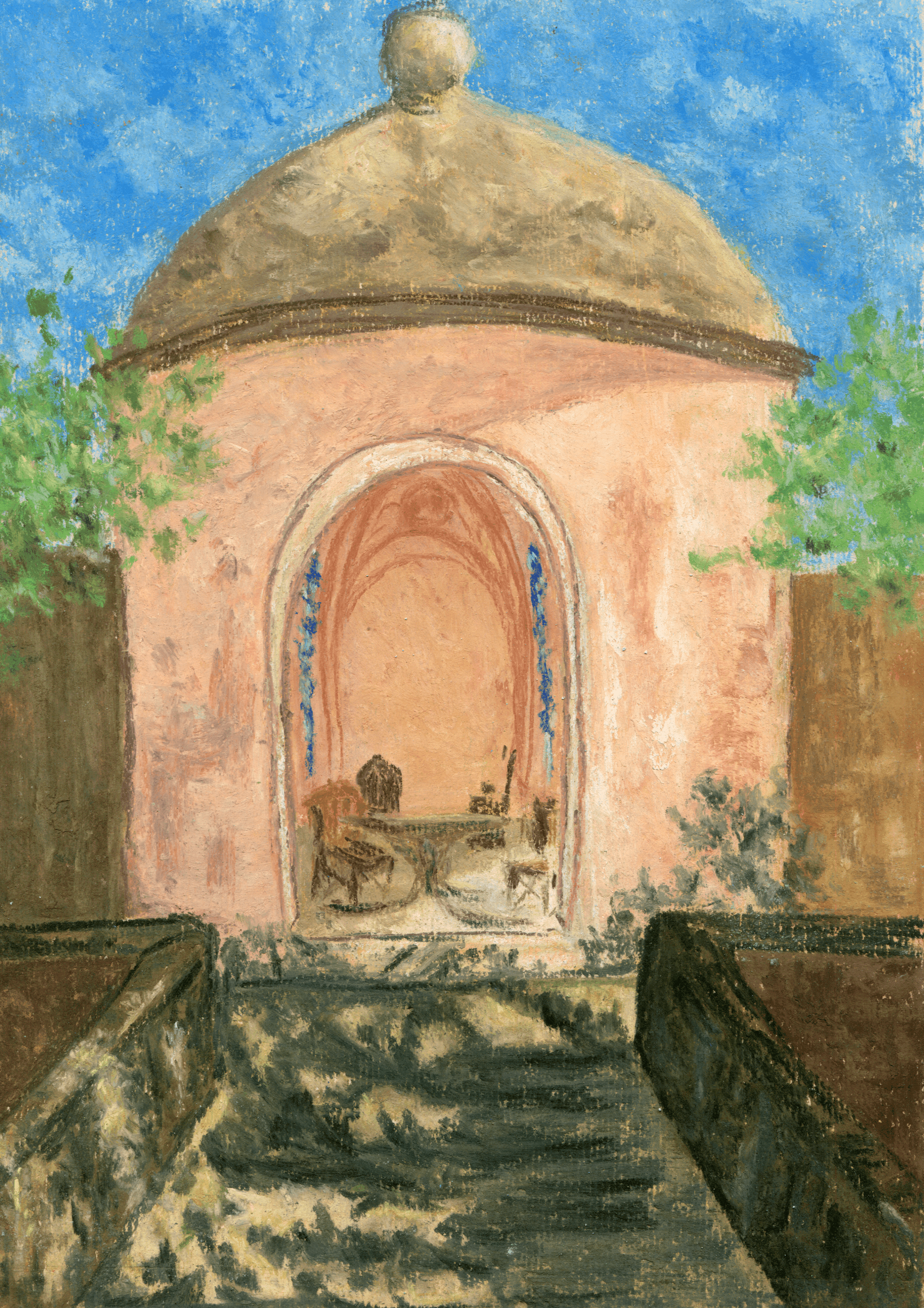 a pastels drawing of a metal ladder descending into water