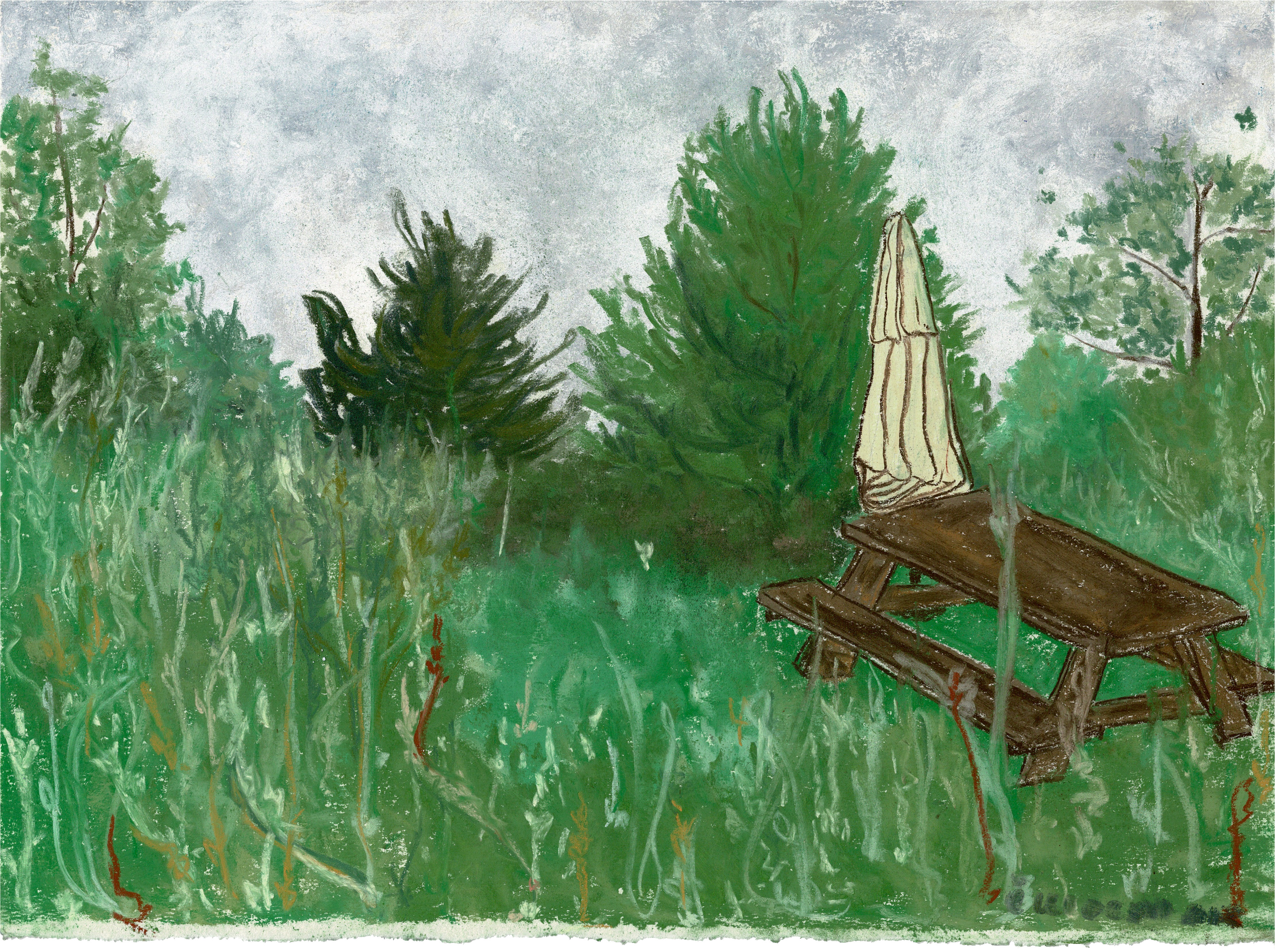 a pastels drawing of a metal ladder descending into water