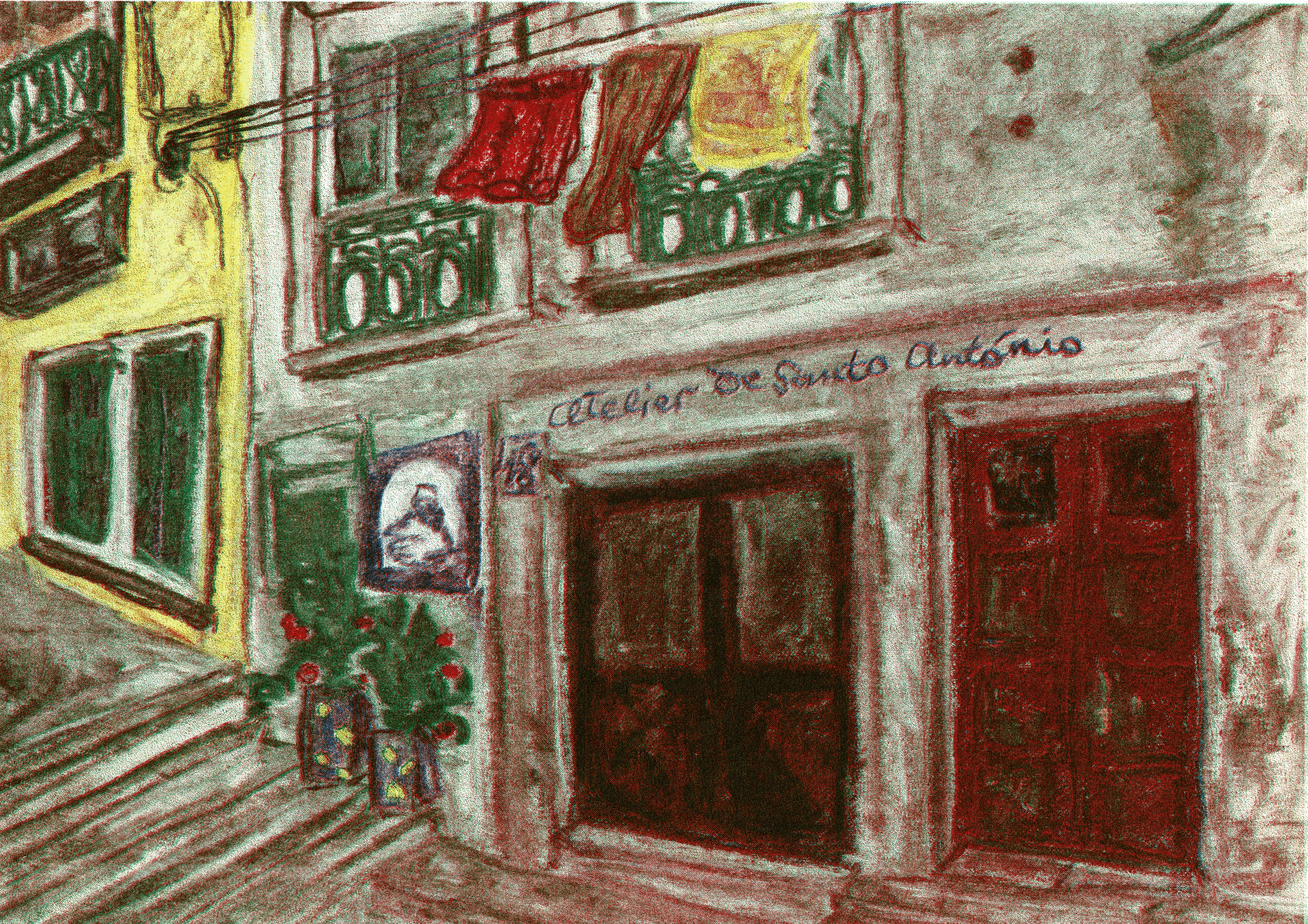 a pastels drawing of a metal ladder descending into water