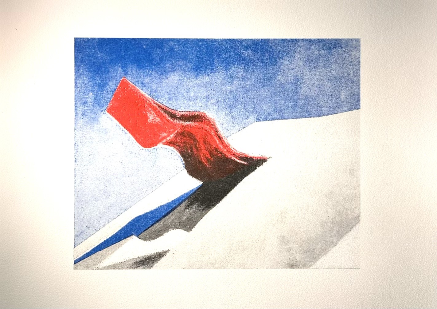 a riso print in blue, red and black of a geometric building