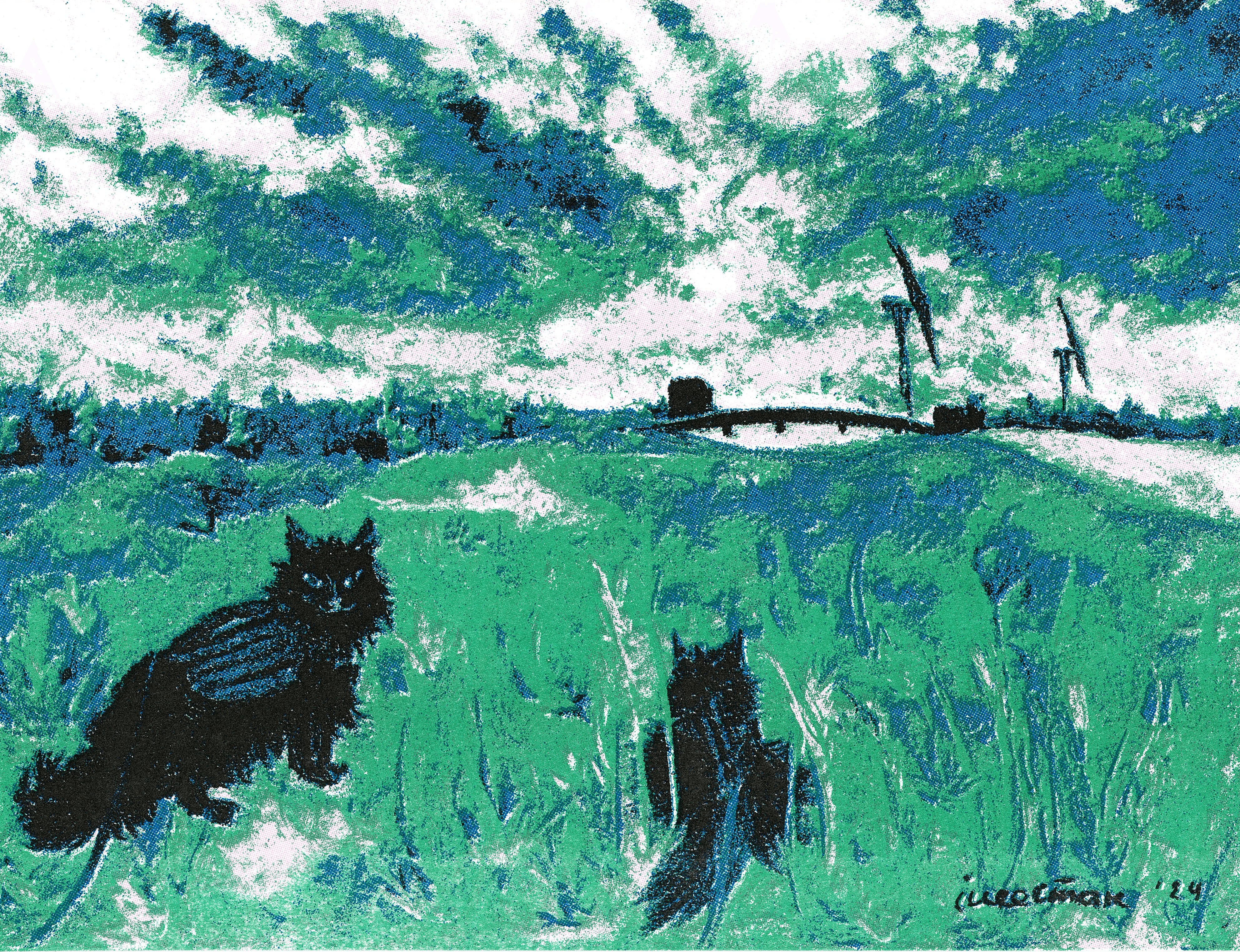 a pastels drawing of a metal ladder descending into water