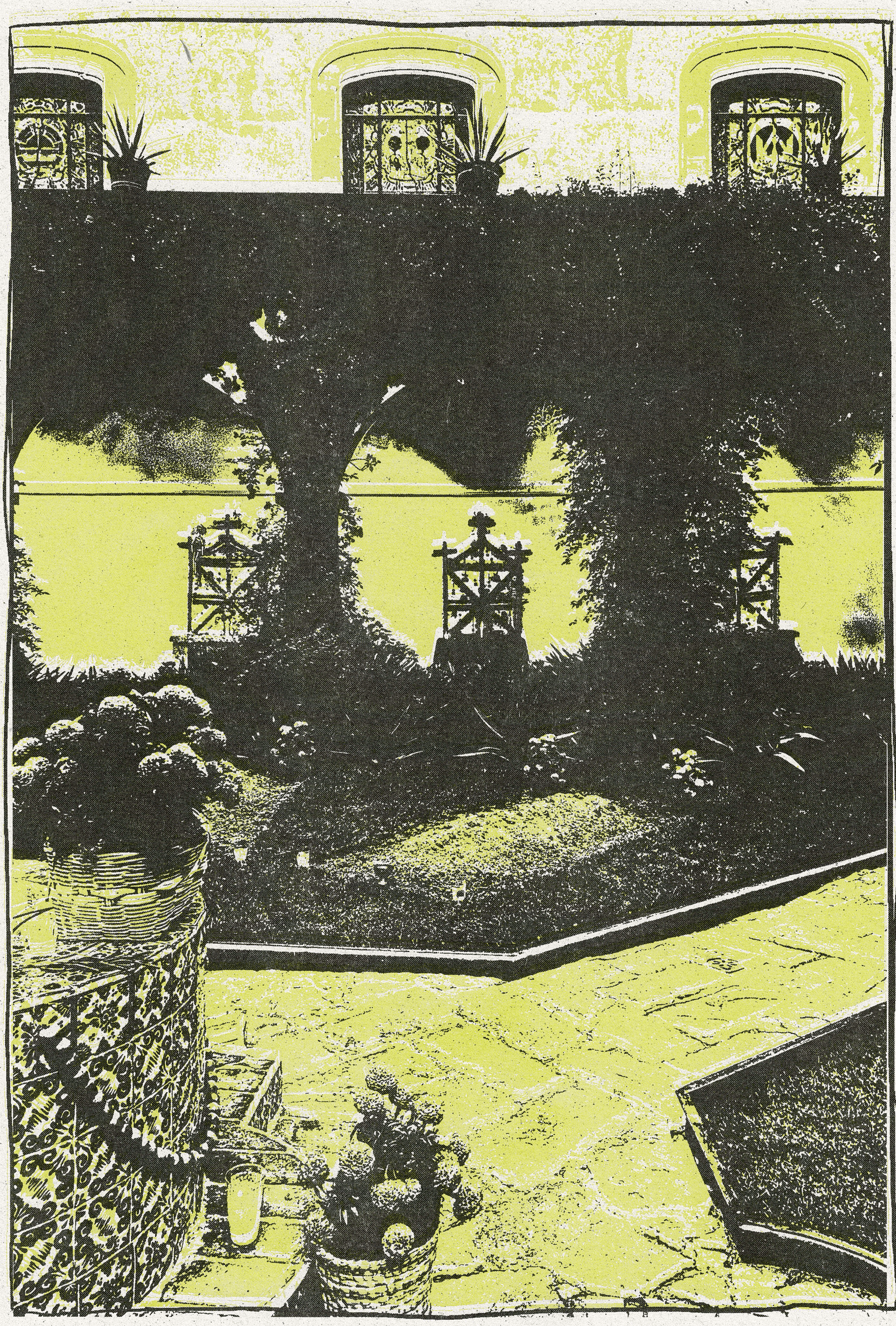 a riso print in black and yellow of a courtyard in Mexico City around Día de Los Muertos