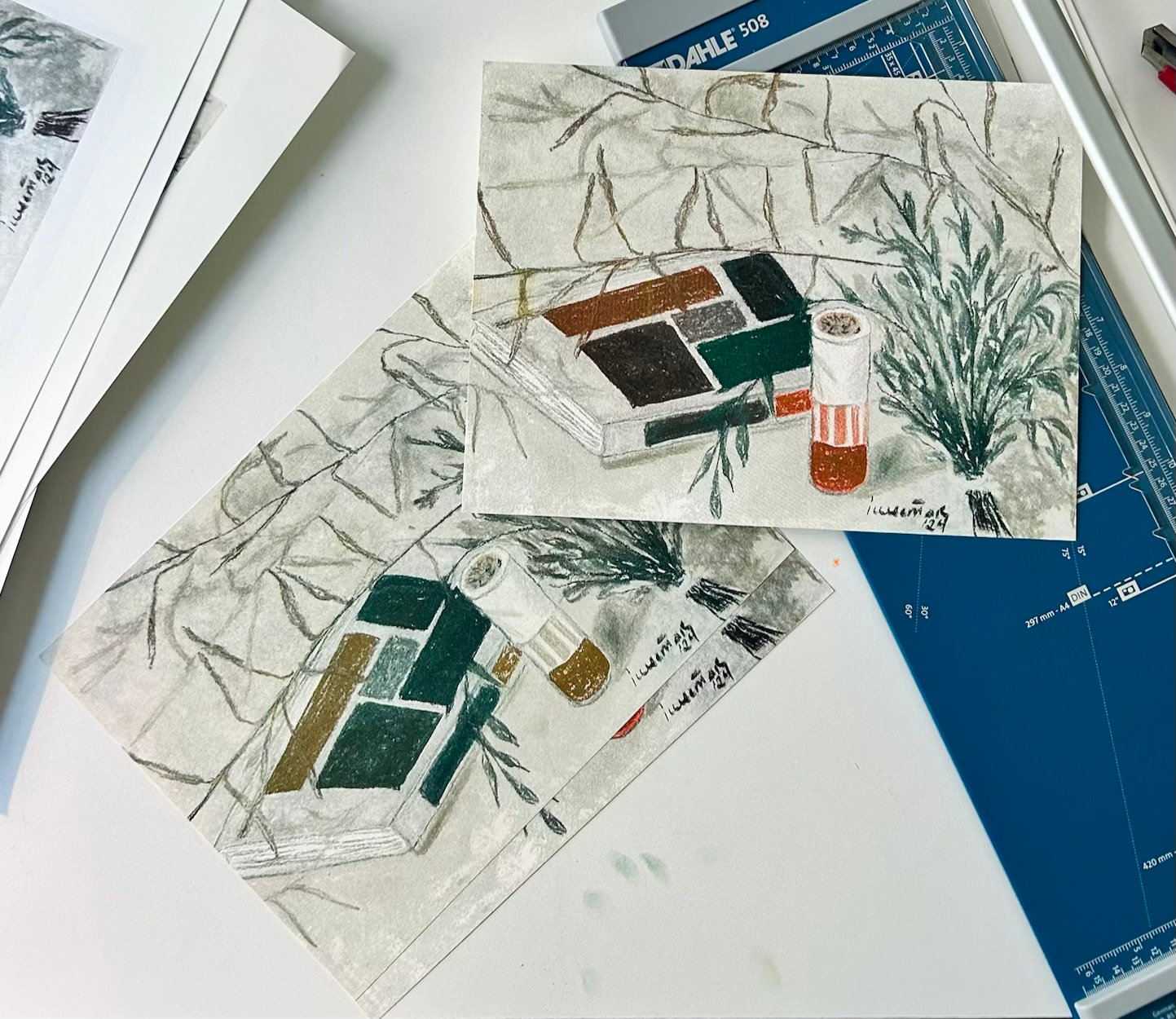 a riso print in blue, red and black of a geometric building