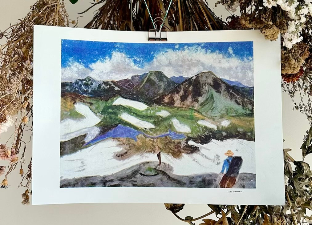 a riso print in blue, red and black of a geometric building