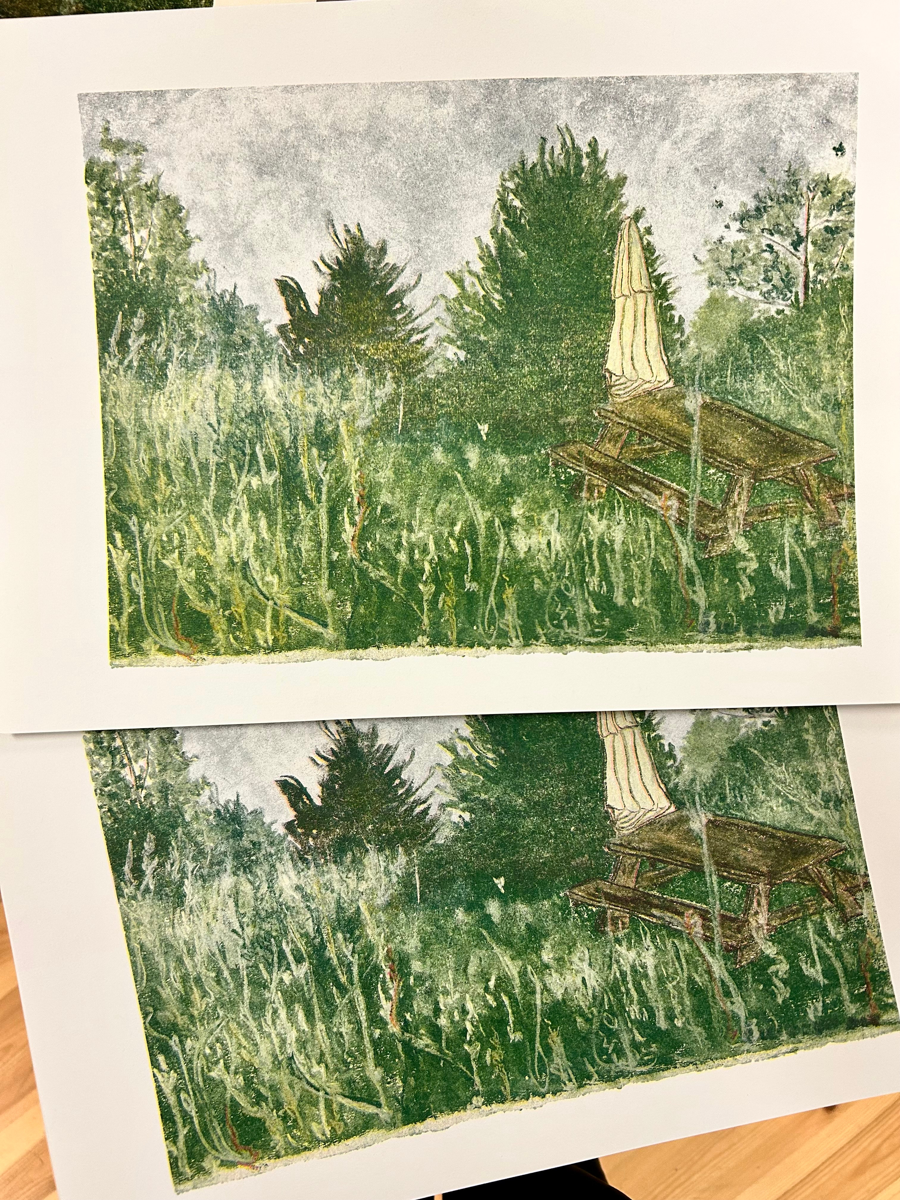 two riso prints of a lush green garden with an umbrella and a bench